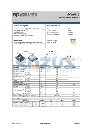 AON6512 datasheet - 30V N-Channel AlphaMOS