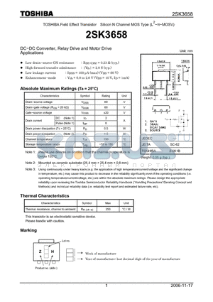 2SK3658 datasheet - Silicon N Channel MOS Type DC−DC Converter, Relay Drive and Motor Drive