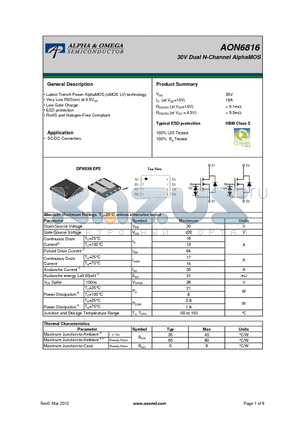 AON6816 datasheet - 30V Dual N-Channel AlphaMOS