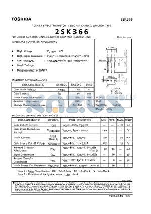 2SK366 datasheet - N CHANNEL JUNCTION TYPE (FOR AUDIO AMPLIFIER, ANALOG SWITCH, CONSTANT CURRENT AND IMPEDANCE CONVERTER APPLICATIONS)