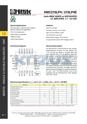 215LP4E datasheet - GaAs MMIC MIXER w/ INTEGRATED LO AMPLIFIER, 1.7 - 4.0 GHz