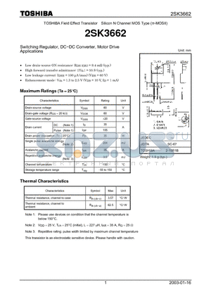 2SK3662 datasheet - Switching Regulator, DC-DC Converter, Motor Drive Applications