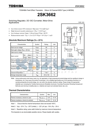 2SK3662 datasheet - Silicon N Channel MOS Type Switching Regulator, DC−DC Converter, Motor Drive