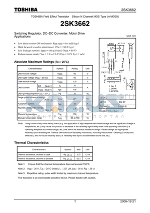 2SK3662 datasheet - Switching Regulator, DC−DC Converter, Motor Drive Applications
