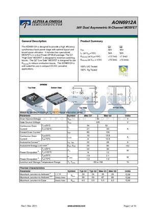 AON6912A datasheet - 30V Dual Asymmetric N-Channel MOSFET