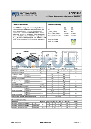 AON6918 datasheet - 25V Dual Asymmetric N-Channel MOSFET