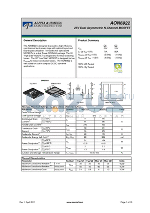 AON6922 datasheet - 25V Dual Asymmetric N-Channel MOSFET
