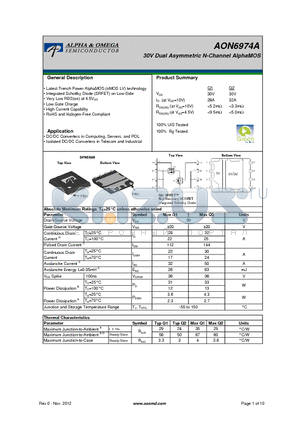 AON6974A datasheet - 30V Dual Asymmetric N-Channel AlphaMOS