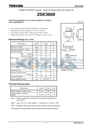 2SK3669 datasheet - Switching Regulators, for Audio Amplifier and Motor Drive Applications