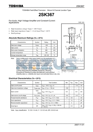 2SK367 datasheet - Silicon N Channel Junction Type For Audio, High Voltage Amplifier and Constant Current Applications