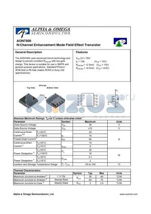 AON7400 datasheet - N-Channel Enhancement Mode Field Effect Transistor