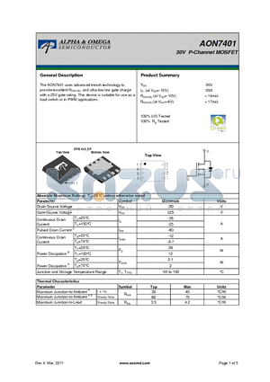 AON7401 datasheet - 30V P-Channel MOSFET