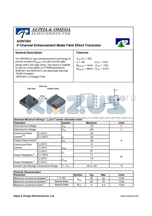 AON7401L datasheet - P-Channel Enhancement Mode Field Effect Transistor