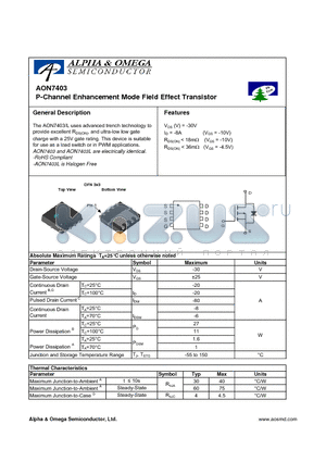 AON7403 datasheet - P-Channel Enhancement Mode Field Effect Transistor