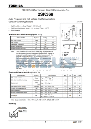 2SK368 datasheet - Silicon N Channel Junction Type Audio Frequency and High Voltage Amplifier Applications