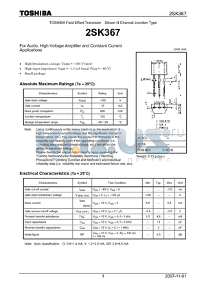 2SK367_07 datasheet - Silicon N Channel Junction Type For Audio, High Voltage Amplifier and Constant Current Applications