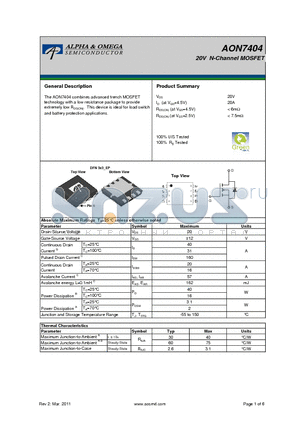 AON7404 datasheet - 20V N-Channel MOSFET