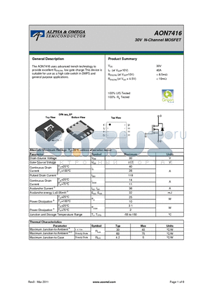 AON7416 datasheet - 30V N-Channel MOSFET