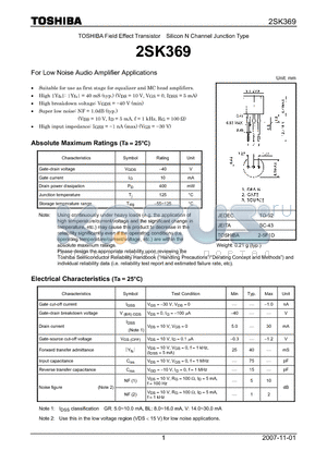 2SK369 datasheet - Silicon N Channel Junction Type For Low Noise Audio Amplifier Applications