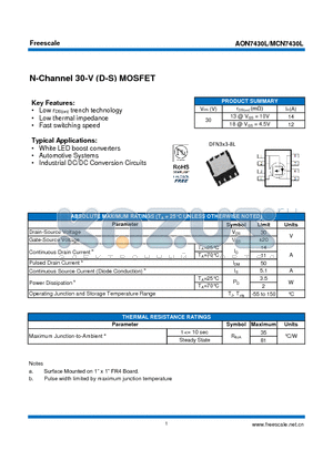 AON7430L datasheet - N-Channel 30-V (D-S) MOSFET White LED boost converters