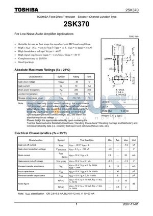 2SK370 datasheet - Silicon N Channel Junction Type For Low Noise Audio Amplifier Applications