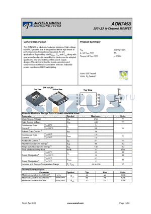 AON7458 datasheet - 250V,5A N-Channel MOSFET