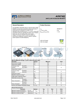AON7462 datasheet - 300V,2.5A N-Channel MOSFET