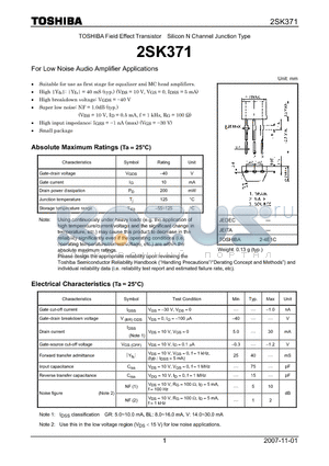 2SK371 datasheet - Silicon N Channel Junction Type For Low Noise Audio Amplifier Applications