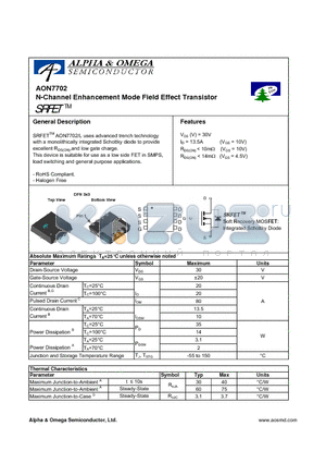 AON7702 datasheet - N-Channel Enhancement Mode Field Effect Transistor