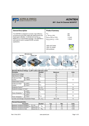 AON7804 datasheet - 30V Dual N-Channel MOSFET