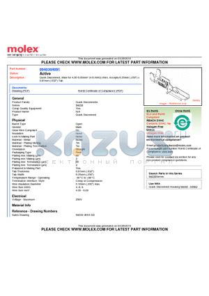 0940304091 datasheet - Quick Disconnect, Male for 4.00-6.00mmb (4-8 AWG) Wire, Accepts 6.35mm (.250