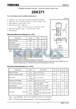 2SK371_07 datasheet - Silicon N Channel Junction Type For Low Noise Audio Amplifier Applications