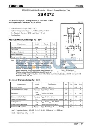 2SK372 datasheet - Silicon N Channel Junction Type For Audio Amplifier, Analog-Switch, Constant-Current and Impedance Converter Applications