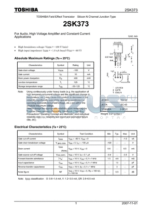 2SK373 datasheet - Silicon N Channel Junction Type For Audio, High Voltage Amplifier and Constant Current Applications