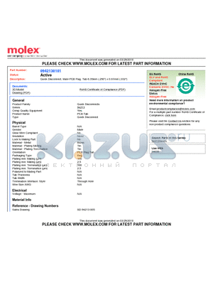 0942130101 datasheet - Quick Disconnect, Male PCB Flag, Tab 6.35mm (.250