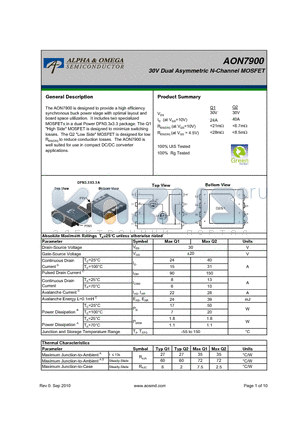 AON7900 datasheet - 30V Dual Asymmetric N-Channel MOSFET
