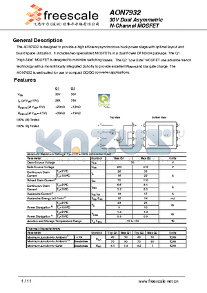 AON7932 datasheet - 30V Dual Asymmetric 30V Dual Asymmetric