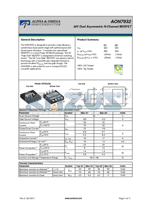 AON7932 datasheet - 30V Dual Asymmetric N-Channel MOSFET