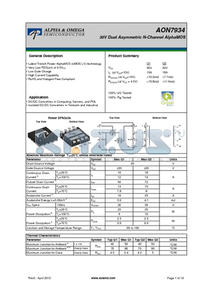AON7934 datasheet - 30V Dual Asymmetric N-Channel AlphaMOS