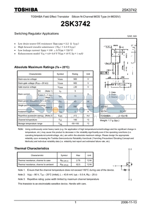 2SK3742 datasheet - Silicon N-Channel MOS Type Switching Regulator Applications