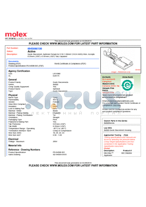 0945060100 datasheet - Quick Disconnect, Safelock Female for 0.50-1.00mmb (18-24 AWG) Wire, Accepts 6.35mm