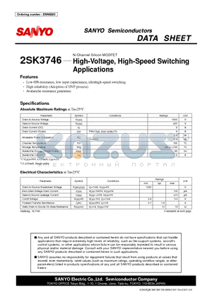 2SK3746 datasheet - High-Voltage, High-Speed Switching Applications
