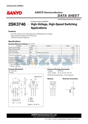 2SK3746-1E datasheet - High-Voltage, High-Speed Switching Applications