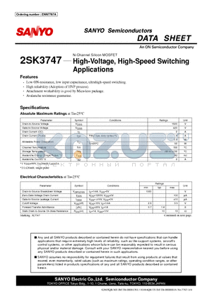 2SK3747 datasheet - High-Voltage, High-Speed Switching Applications
