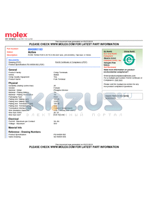 0945091103 datasheet - FORK TERM FOR 0.35 TO 0.50 mmb wire, (20-22AWG), Tab Size: 2.10mm