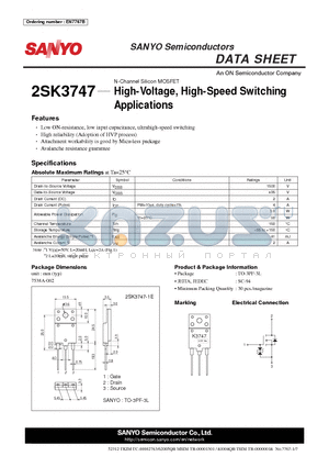 2SK3747-1E datasheet - High-Voltage, High-Speed Switching Applications