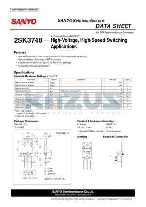 2SK3748-1E datasheet - High-Voltage, High-Speed Switching Applications