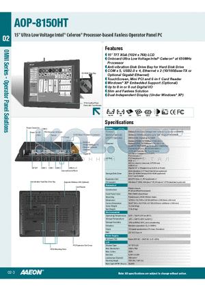 AOP-8150HT datasheet - 15 TFT XGA (1024 x 768) LCD