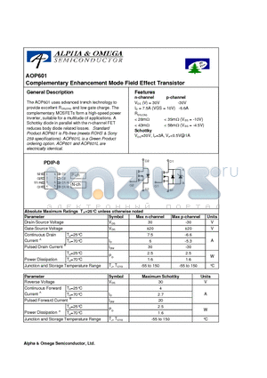 AOP601 datasheet - Complementary Enhancement Mode Field Effect Transistor