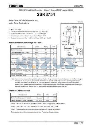 2SK3754 datasheet - Silicon N Channel MOS Type Relay Drive, DC−DC Converter and Motor Drive Applications